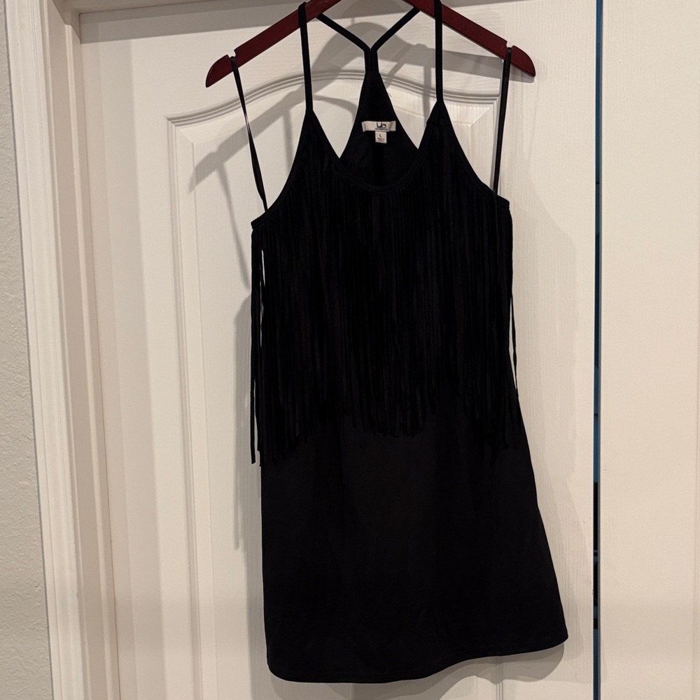Ya Los Angeles Faux Suede Black Fringe Mini Dress with Fringe